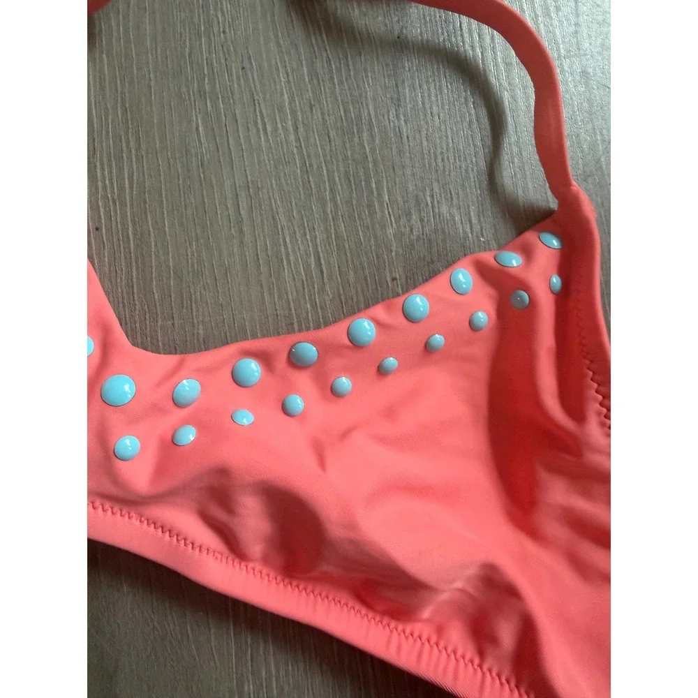 Aerie Real Good Coral Pink Studded Triangle Halter Bikini Top Medium NWT